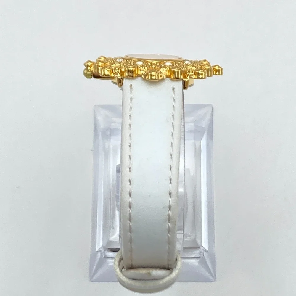 Avon Women's Watch Gold Tone Crystals Bling 35mm White Leather New Battery 7.75
